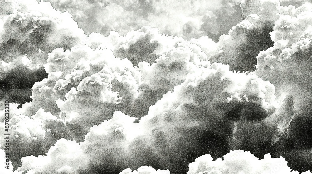 Monochrome image featuring an aerial view of a cloud formation with a single airplane visible within the composition Monochrome image featuring an aerial view of a cloud formation with a single airplane visible within the composition