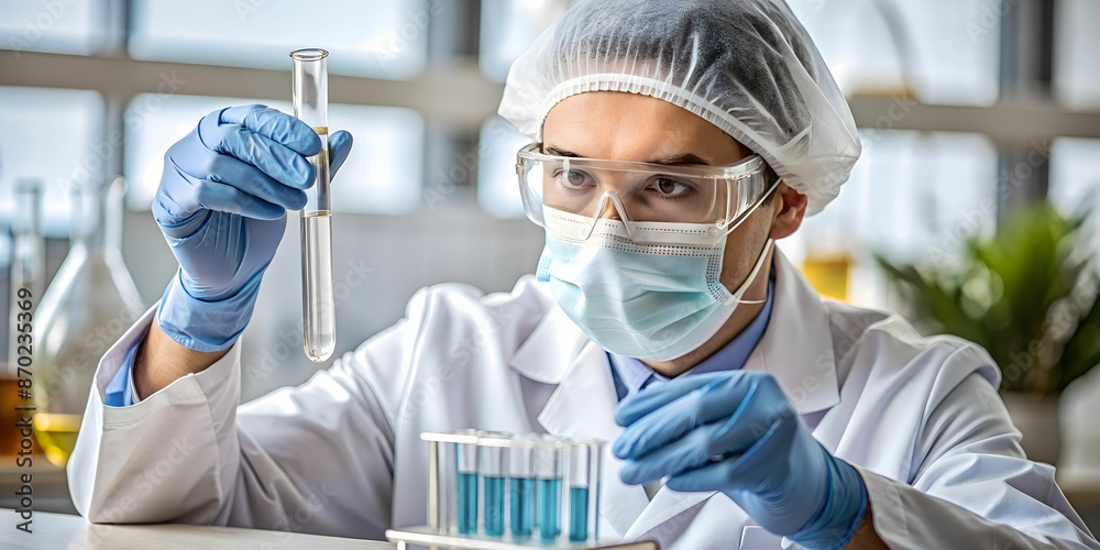 A researcher wearing an apron and mask holding a test tube A researcher wearing an apron and mask holding a test tube