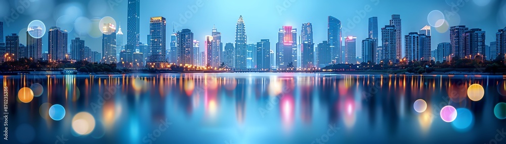 City skyline reflection in water with bokeh lights. City skyline reflection in water with bokeh lights.