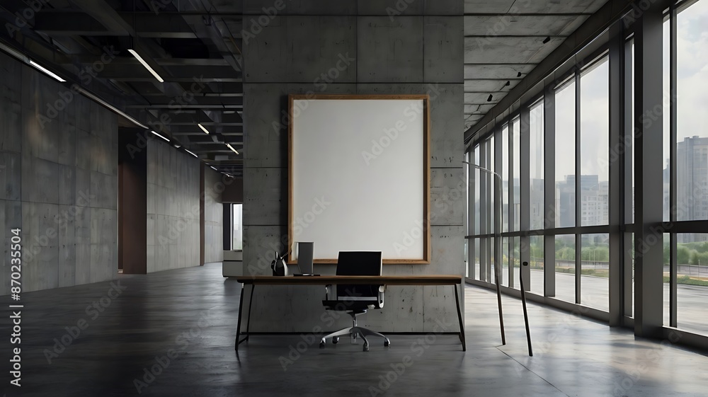 an empty poster frame in a modern office interior on a concrete wall with natural light from windows concept of advertising space mock up an empty poster frame in a modern office interior on a concrete wall with natural light from windows concept of advertising space mock up