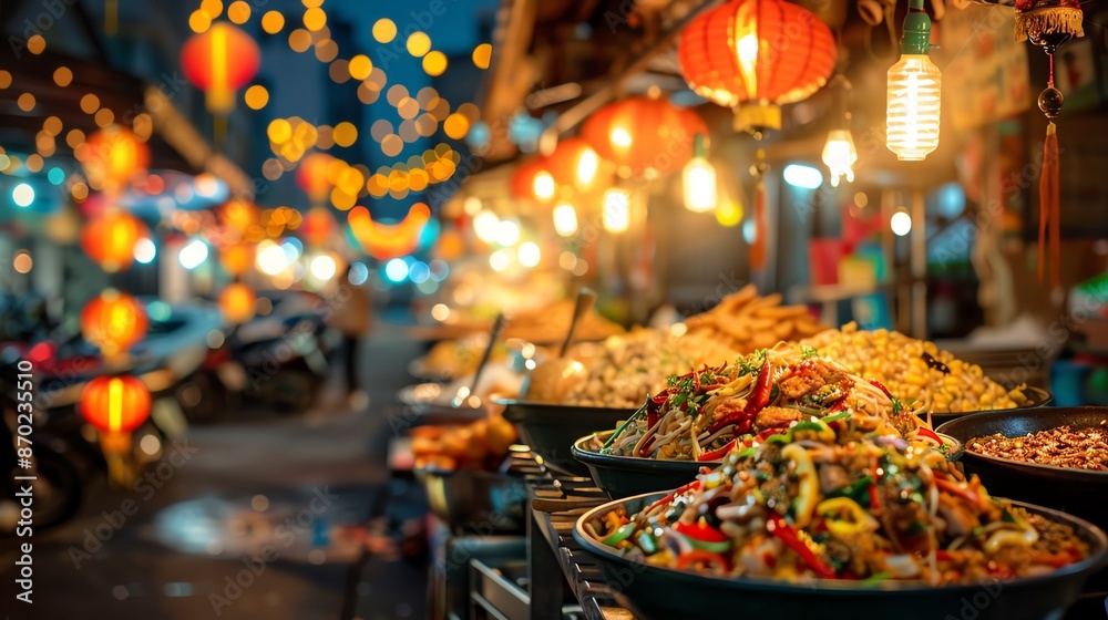 A street food market in Asia with a variety of dishes on display. A street food market in Asia with a variety of dishes on display.