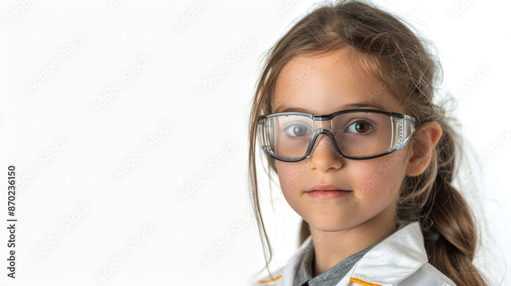 A young girl wearing safety glasses is smiling for the camera. Concept of curiosity and playfulness, as the girl appears to be engaged in a fun activity or experiment A young girl wearing safety glasses is smiling for the camera. Concept of curiosity and playfulness, as the girl appears to be engaged in a fun activity or experiment