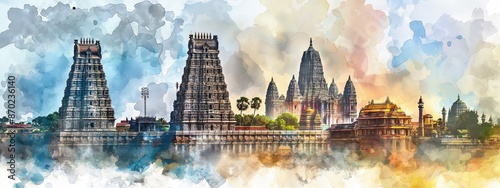 Watercolor panorama of iconic temples for tamil nadu day celebration.