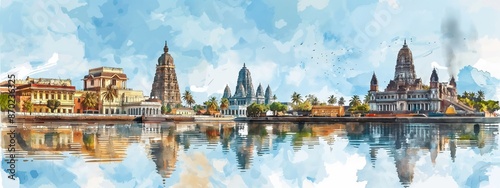 Watercolor panoramic view of iconic tamil nadu temples.