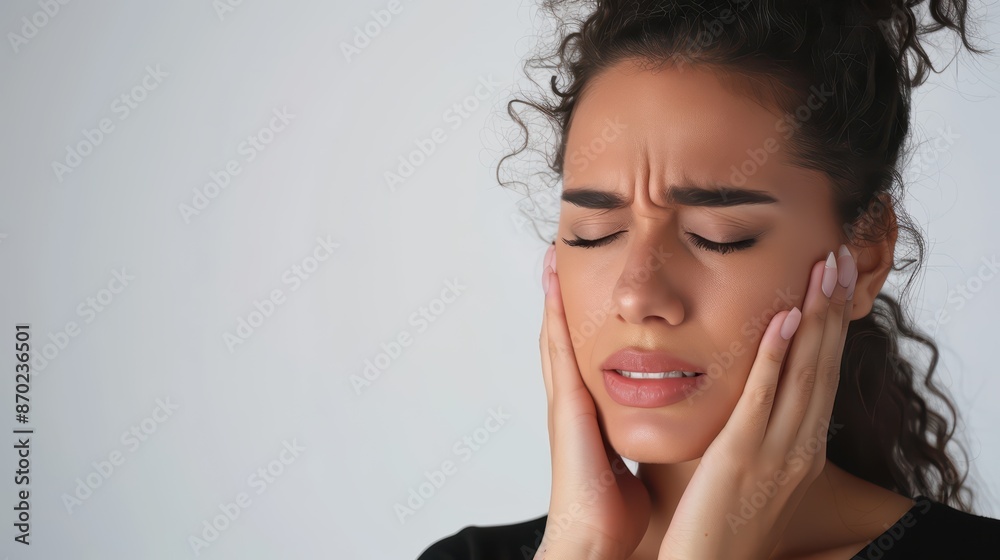 A woman with a toothache, holding their cheek in pain A woman with a toothache, holding their cheek in pain