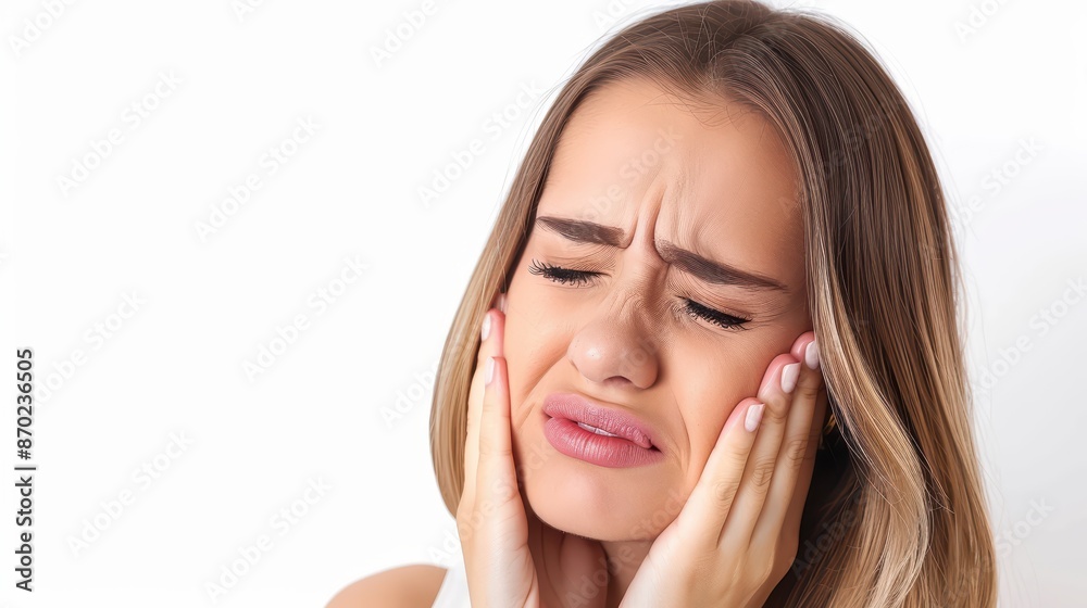A woman with a toothache, holding their cheek in pain A woman with a toothache, holding their cheek in pain