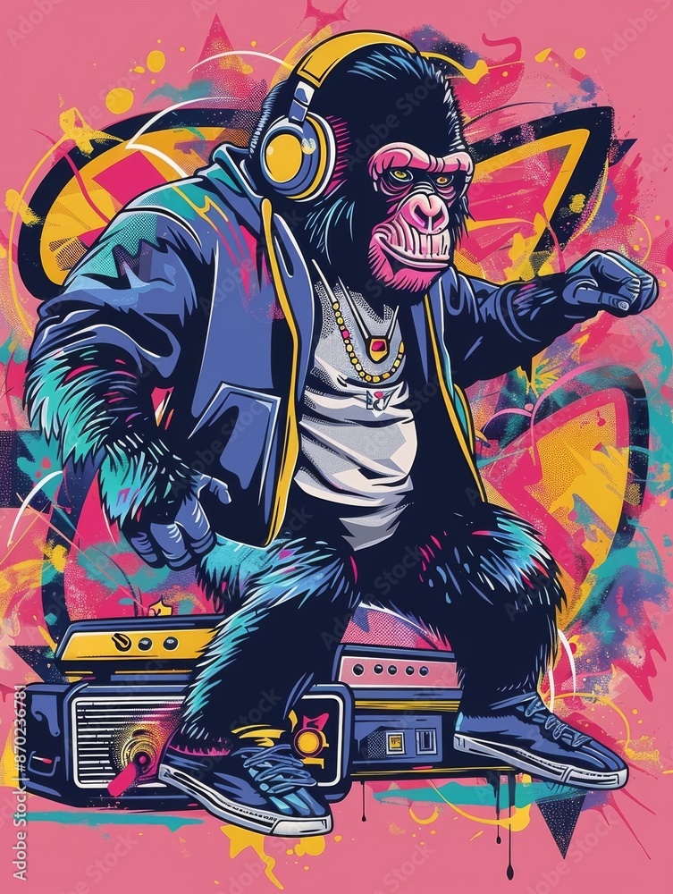 Gorilla DJ with Headphones and Boombox