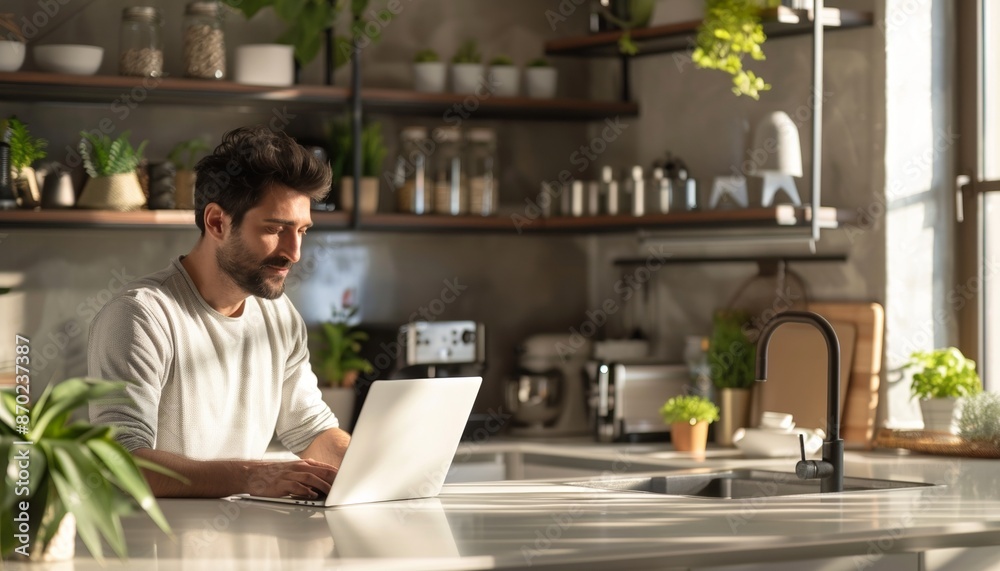Focused Man Working on Laptop in Modern Kitchen with Shelves in Background Focused Man Working on Laptop in Modern Kitchen with Shelves in Background