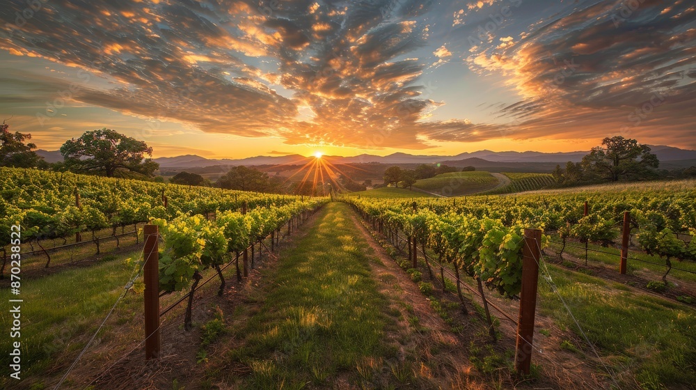 Fototapeta premium The peacefulness of a sunset over a vineyard, the sky turning golden as the sun sets behind rows of grapevines, creates a picturesque and tranquil scene.