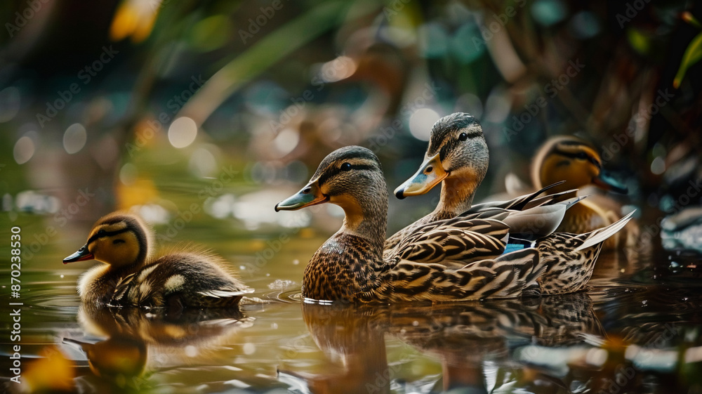Duck family quacking near pond, AI Generative. Duck family quacking near pond, AI Generative.