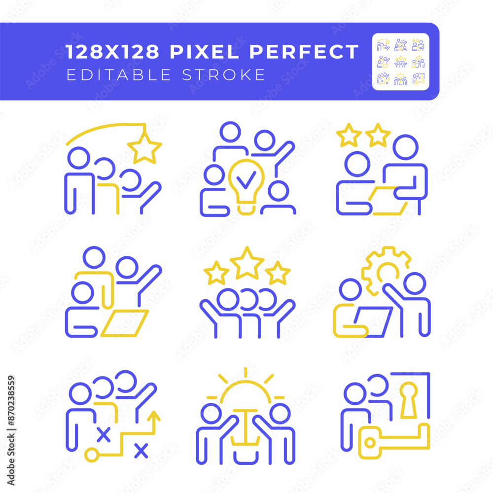 Team cooperation two color line icons set. Team members interaction bicolor outline iconset isolated. Team achievement. Problem solving. Brainstorming. Duotone pictograms thin linear. Editable stroke Team cooperation two color line icons set. Team members interaction bicolor outline iconset isolated. Team achievement. Problem solving. Brainstorming. Duotone pictograms thin linear. Editable stroke