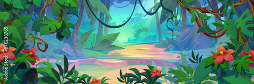 Jungle forest landscape with road and green plants. Tropical leaf and flower frame. Cartoon vector illustration of wet exotic rainforest scenery with trees and liana vines, soil path and bushes.
