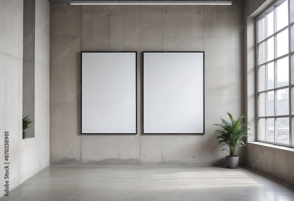 an empty poster frame in a modern office interior on a concrete wall with natural light from windows concept of advertising space mock up an empty poster frame in a modern office interior on a concrete wall with natural light from windows concept of advertising space mock up