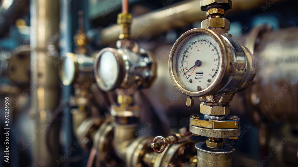 Brass Piping and Pressure Gauges in Industrial Environment Brass Piping and Pressure Gauges in Industrial Environment