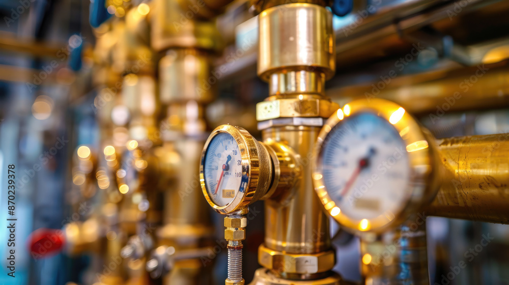 Brass Piping and Pressure Gauges in Industrial Environment Brass Piping and Pressure Gauges in Industrial Environment