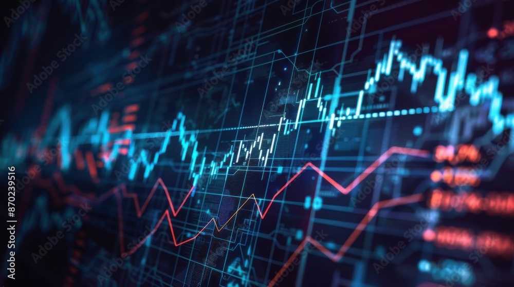 Positive market trend chart with rising lines, scifi tone, triadic color scheme, side view, illustrating financial success Positive market trend chart with rising lines, scifi tone, triadic color scheme, side view, illustrating financial success