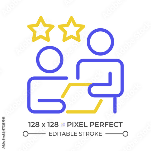 Feedback two color line icon. Teammates bicolor outline symbol. Constructive criticism. Performance rating. Job review. Duotone linear pictogram. Isolated illustration. Editable stroke