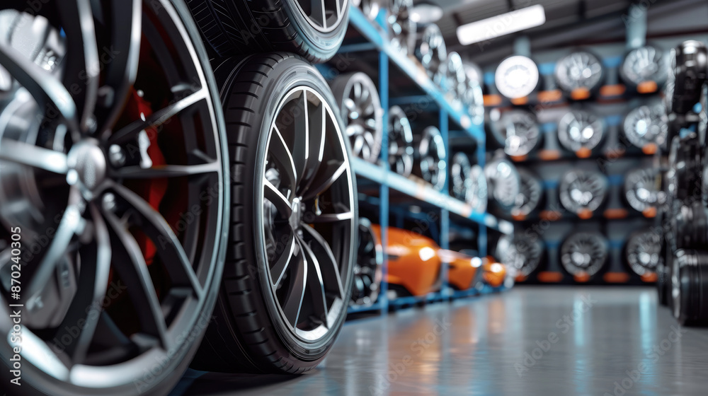 Close-Up View of Premium Sports Rims Stacked in Car Tire Store Close-Up View of Premium Sports Rims Stacked in Car Tire Store