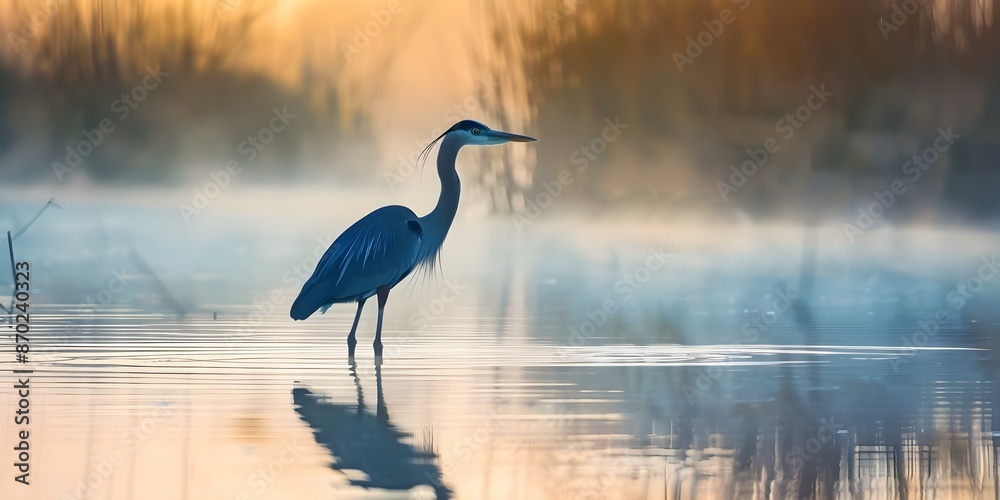 Naklejka premium Majestic heron silhouette in water peaceful and elegant wildlife scene. Concept Wildlife Photography, Heron Silhouette, Elegant Nature Scene