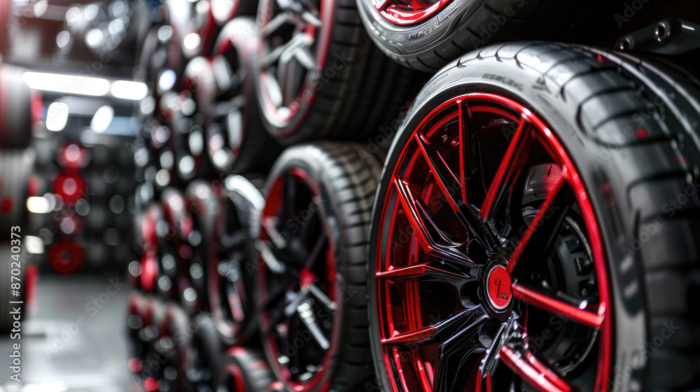 Close-Up View of Premium Sports Rims Stacked in Car Tire Store Close-Up View of Premium Sports Rims Stacked in Car Tire Store