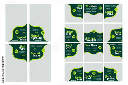 Set of editable social media stories food design vector template green healthy food menu for restaurant business & eps 10