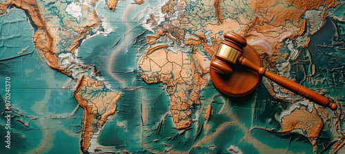 A wooden gavel rests atop a world map, symbolizing the global reach of law and justice