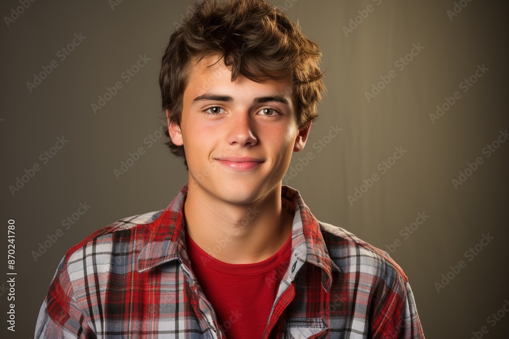 A young man with a red shirt and plaid shirt is smiling A young man with a red shirt and plaid shirt is smiling