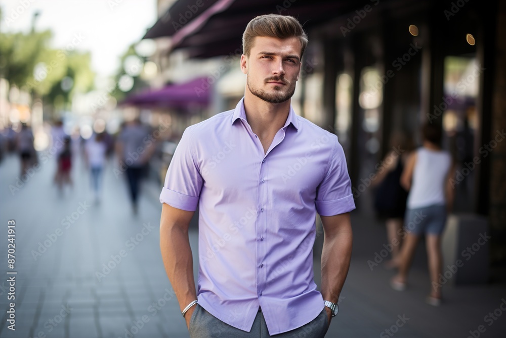 A man in a purple shirt stands on a sidewalk in front of a store A man in a purple shirt stands on a sidewalk in front of a store