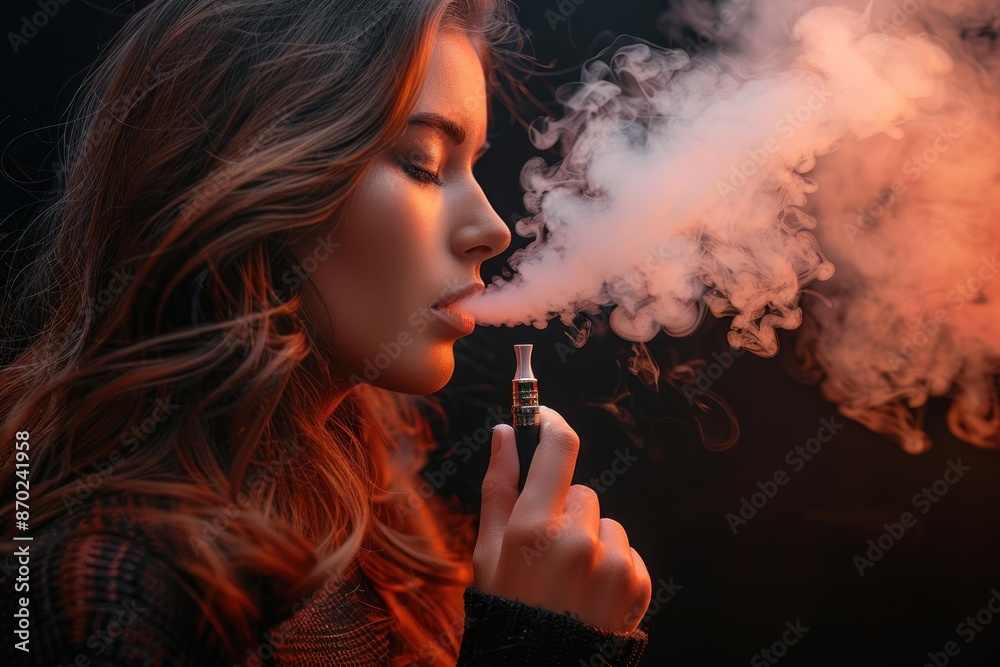 Fototapeta premium woman smoke an electronic cigarette in her hand Isolated on black background. ai generative