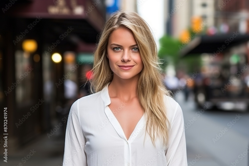 A blonde woman is standing on a city street, smiling for the camera A blonde woman is standing on a city street, smiling for the camera