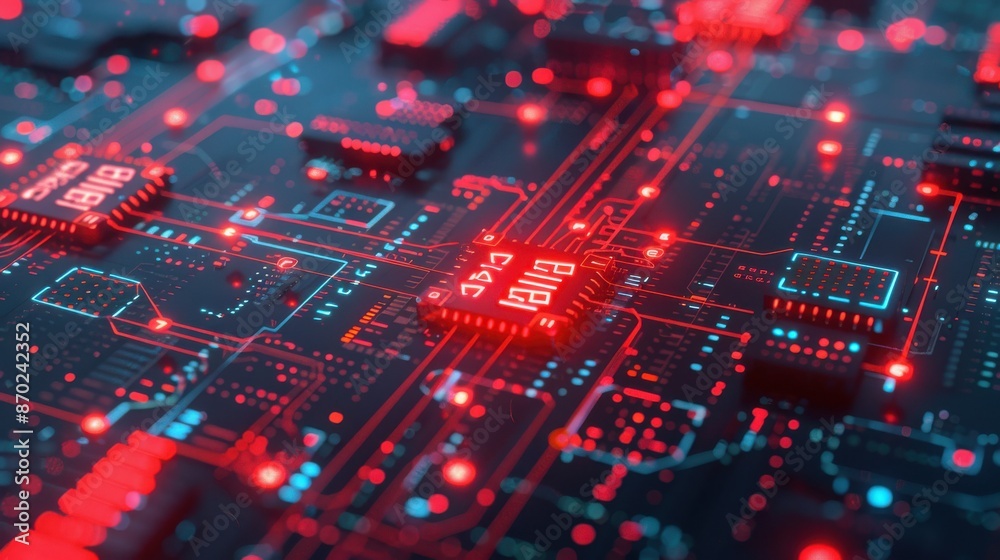 Blockchain ledger with red error messages, technology tone, splitcomplementary color scheme, top view, highlighting security issues