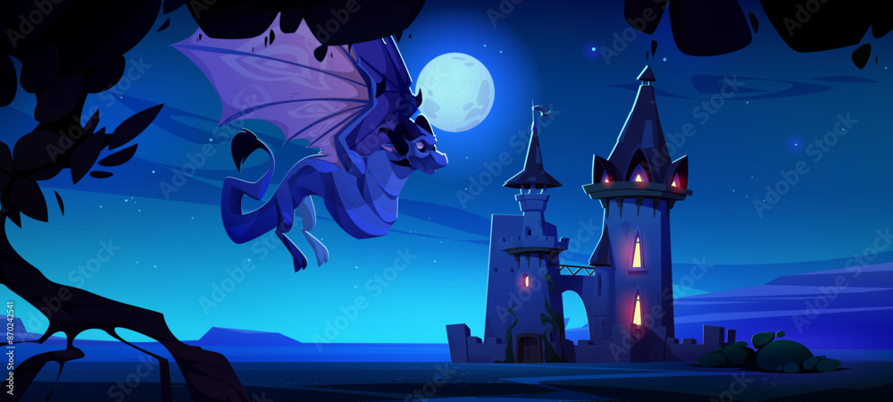 Fototapeta premium Spooky fantasy dragon flying near castle at night. Cartoon vector illustration of dark dusk magic fairytale scenery with mythical creature wyvern and medieval palace with towers under moon light.