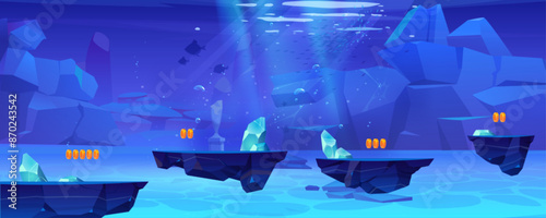 Underwater game level map with floating ground platform for jump and collect golden coins. Cartoon vector illustration of gui aquatic scenery. Blue undersea landscape for adventure videogame.