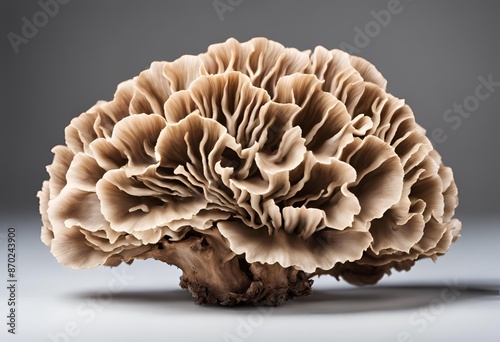 Fresh maitake mushroom, also known as Grifola frondosa, isolated on a white background, showcasing its unique texture and health benefits in culinary and medicinal uses. photo