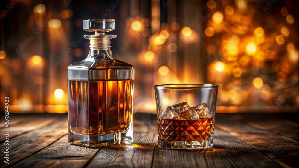 Luxurious whiskey bottle and poured glass on polished wooden table with dim lighting and blurred background. Luxurious whiskey bottle and poured glass on polished wooden table with dim lighting and blurred background.