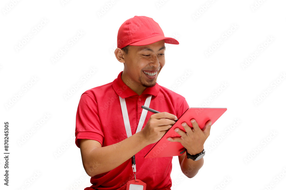 Confident Asian delivery man, courier, or warehouse worker holds a tablet, Isolated on a white background, Concepts of inventory management, logistics and delivery services. Confident Asian delivery man, courier, or warehouse worker holds a tablet, Isolated on a white background, Concepts of inventory management, logistics and delivery services.