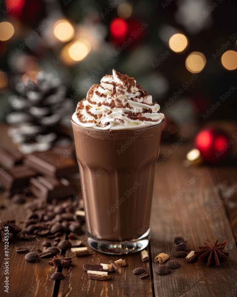 Whipped Cream Topped Hot Chocolate With Cinnamon Stick on Wooden Table in Front of Christmas Tree Whipped Cream Topped Hot Chocolate With Cinnamon Stick on Wooden Table in Front of Christmas Tree