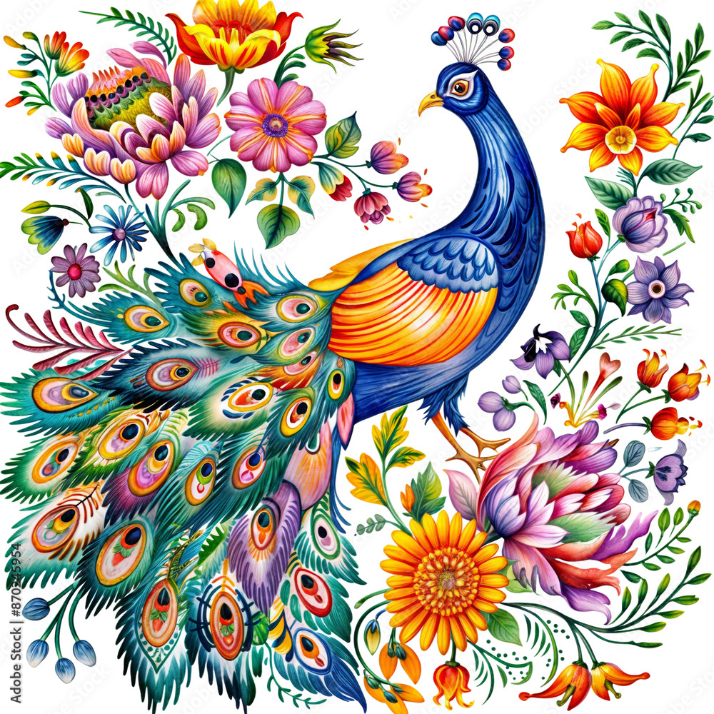 Obraz premium Peacock Ukranian folk art watercolor, Bird Peacock with flowers traditional ornament illustration isolated on transparent background
