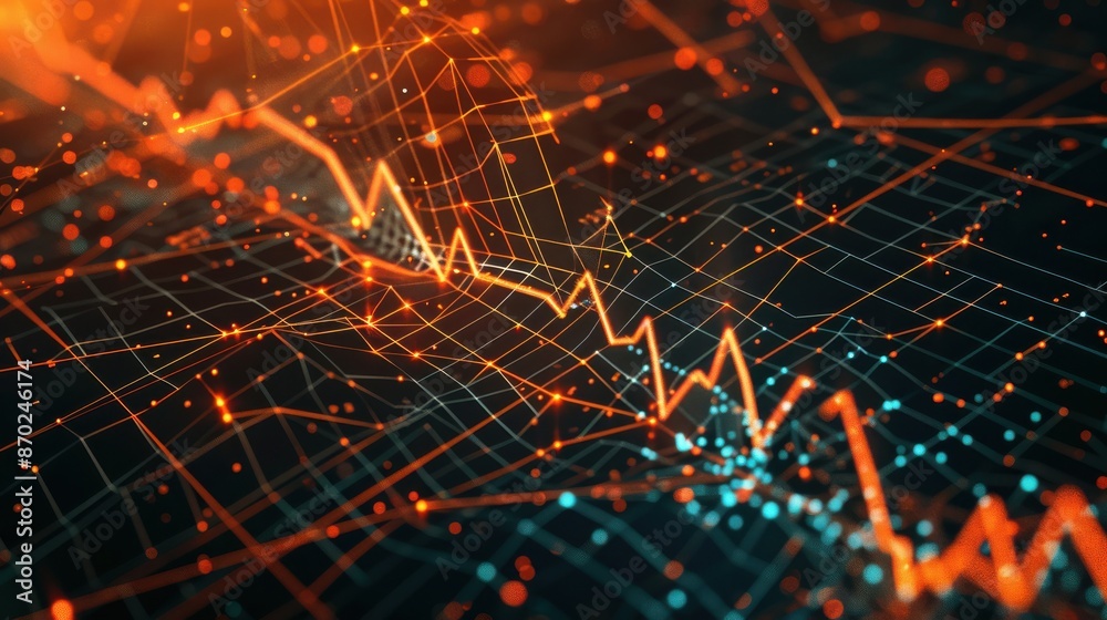Fototapeta premium Blockchain ledger with a declining graph, scifi tone, complementary color scheme, side view, illustrating market decline
