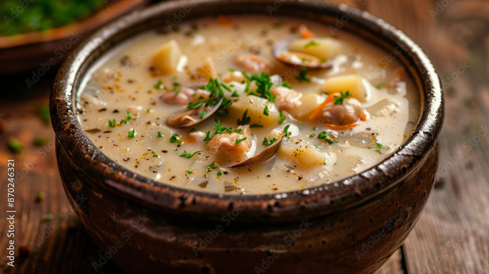 A bowl of clam chowder garnished with parsley.