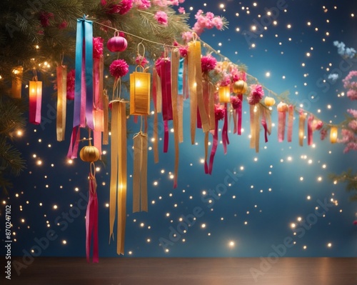 Festive Lantern Decoration with Colorful Ribbons against Night Sky, creating charming ambiance