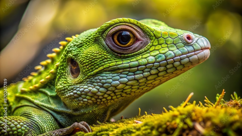 Macro shot of a vibrant lime green lizard's scaly skin and piercing brown eyes on a moss-covered stone surface. Macro shot of a vibrant lime green lizard's scaly skin and piercing brown eyes on a moss-covered stone surface.