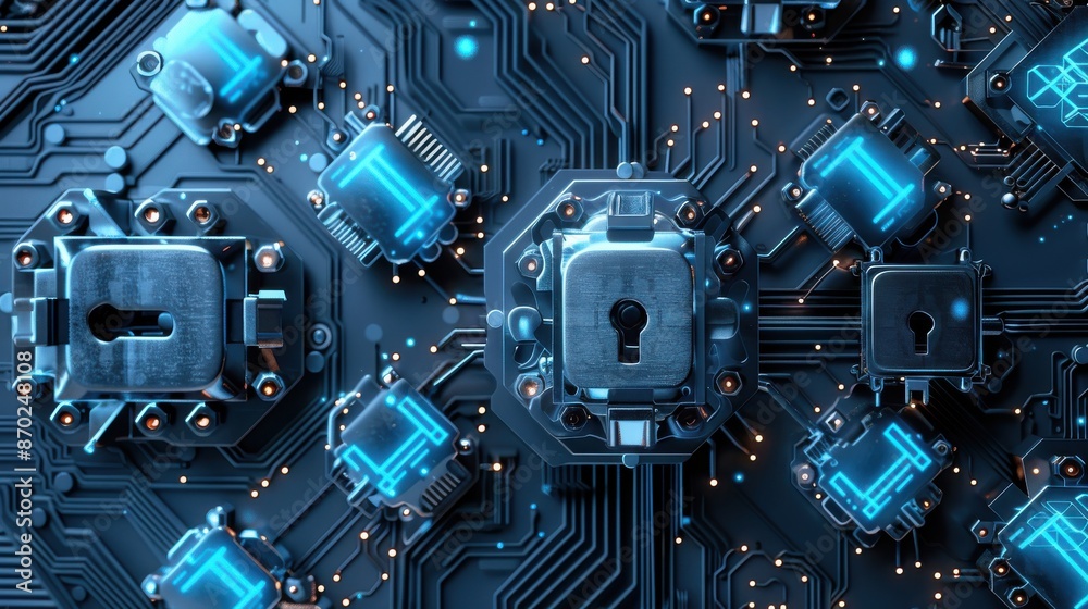 Fototapeta premium Secure blockchain transactions with digital locks, technology tone, splitcomplementary color scheme, top view, highlighting transaction security