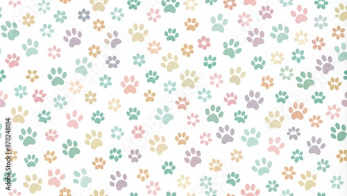 Whimsical paw print pattern in pastel hues, scattered randomly on white background, minimalist flat design, ideal for pet-themed projects.
