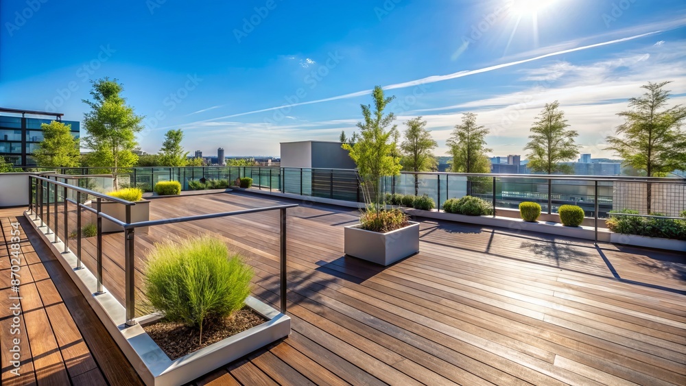 Sleek, modern, empty rooftop garden with sparse potted greenery, wooden flooring, and sleek metal railings against a clear blue sky. Sleek, modern, empty rooftop garden with sparse potted greenery, wooden flooring, and sleek metal railings against a clear blue sky.