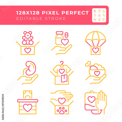 Charity contributions two color line icons set. Icons with hearts bicolor outline iconset isolated. Medical donation. Humanitarian aid. Help animal. Duotone pictograms thin linear. Editable stroke