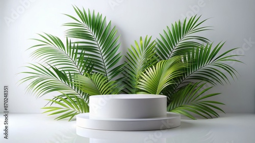 White Podium With Palm Leaves On White Background. 3D Rendering.