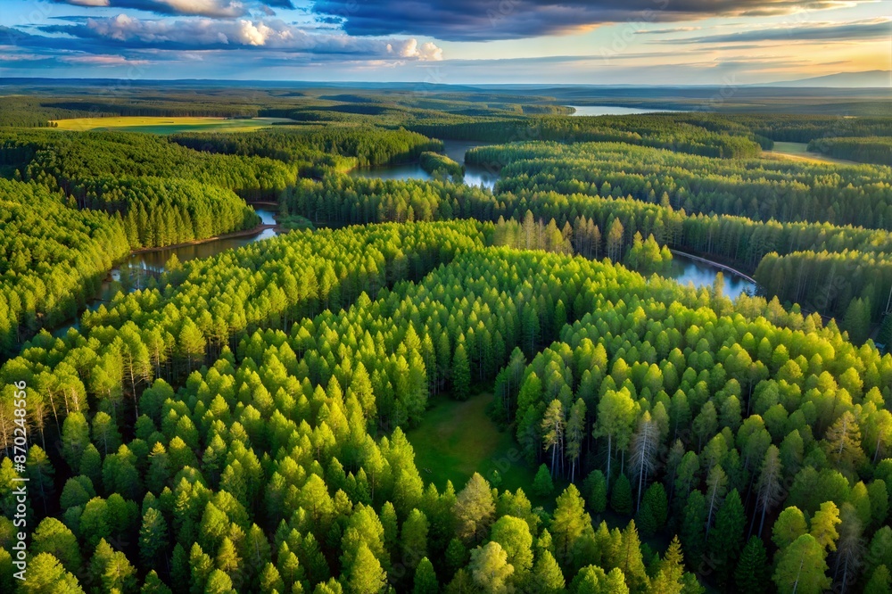 Fototapeta premium Aerial top view of summer green trees in forest. Drone photography