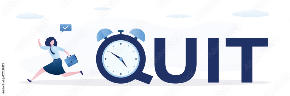 Happy businesswoman running from alarm clock with the word QUIT. Time to quit day time job, resign from full time career, leaving company and independence from office job. Happy businesswoman running from alarm clock with the word QUIT. Time to quit day time job, resign from full time career, leaving company and independence from office job.