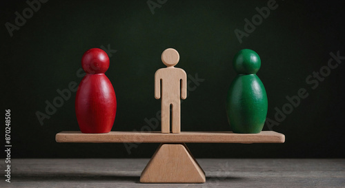 Wooden figures of people on scales and a mediator / arbitrator. Conflict of interest. Resolving conflict situations. Conclusions of the peaceful resolution of disputes. Business opponents
 photo